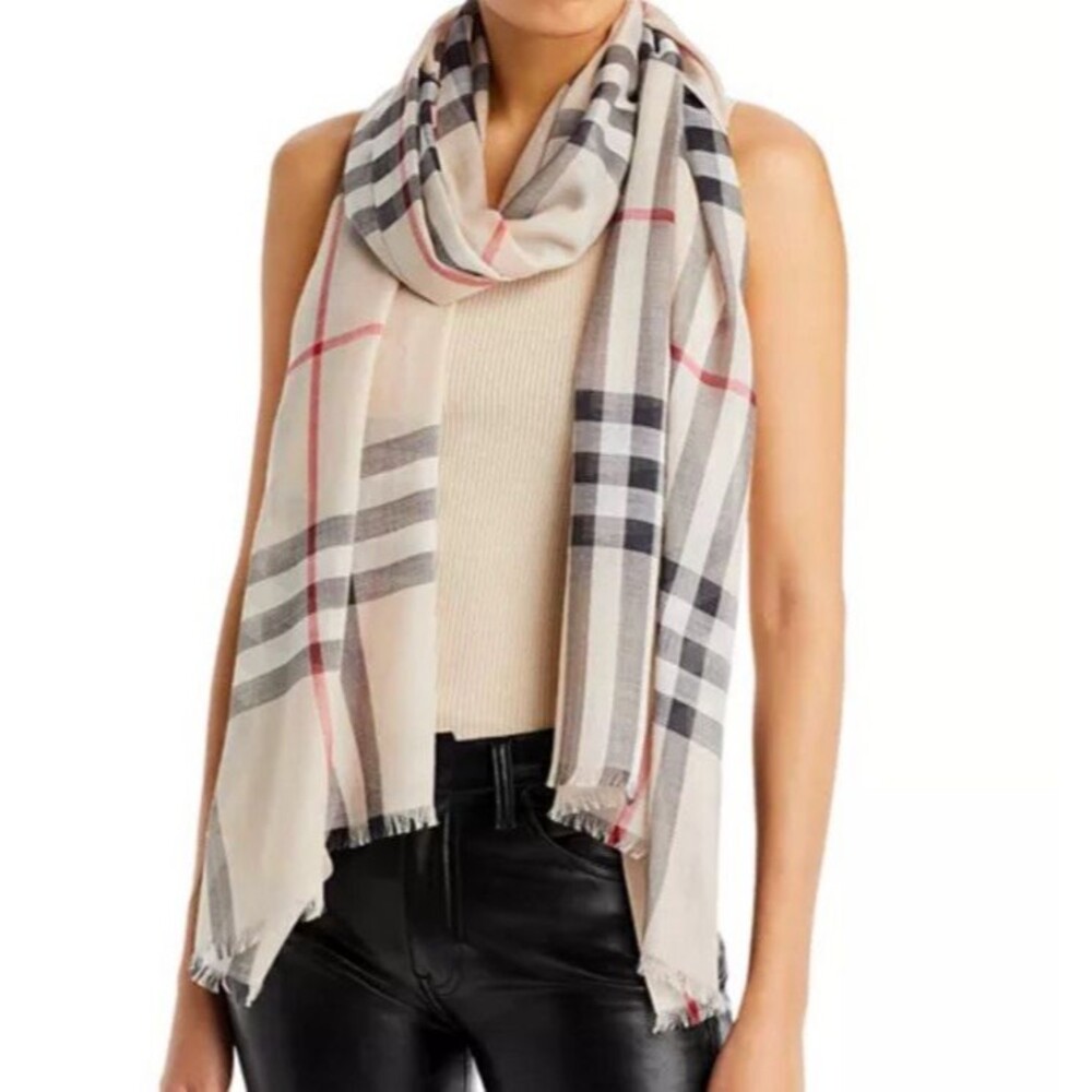 Burberry Women Lightweight Giant Classic Check Scarf Wrap Beige 70"x19"